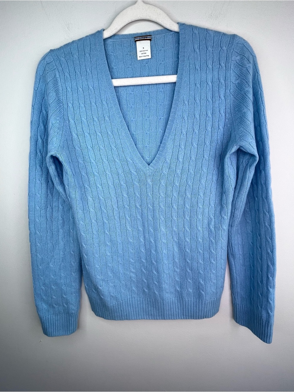 Vintage Cashmere J. Crew Light Blue Cable Knit V-Neck Sweater Size S